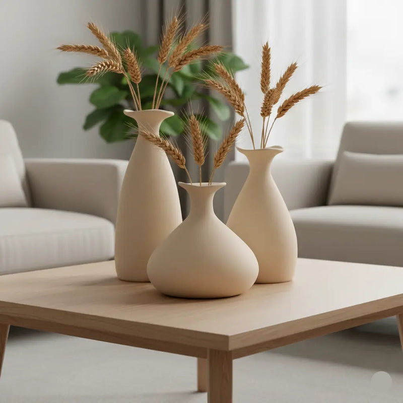 Kit Vaso Decorativo Porto 3 Peças – Cerâmica Off White Fosco | Design Moderno