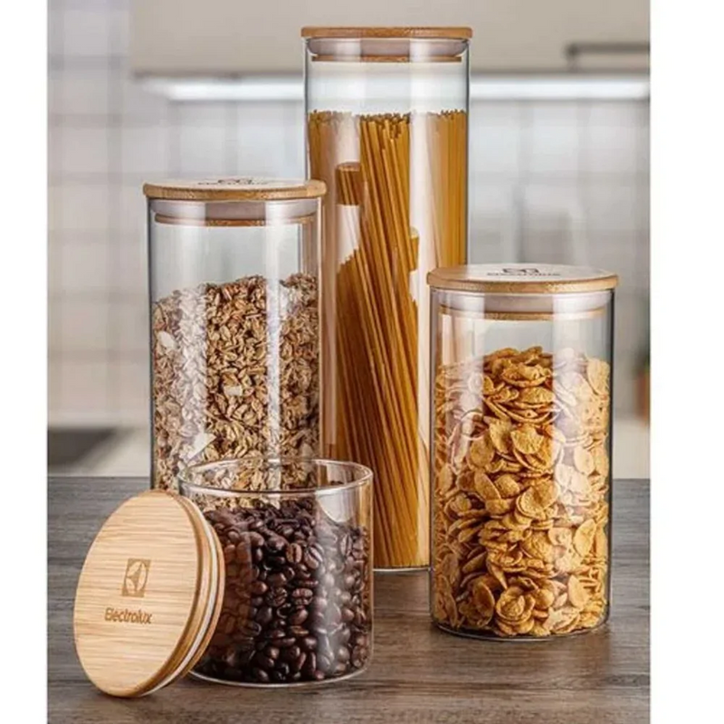 Kit 9 Potes Vidro Tampa Bambu Hermético - Mantimentos Cozinha