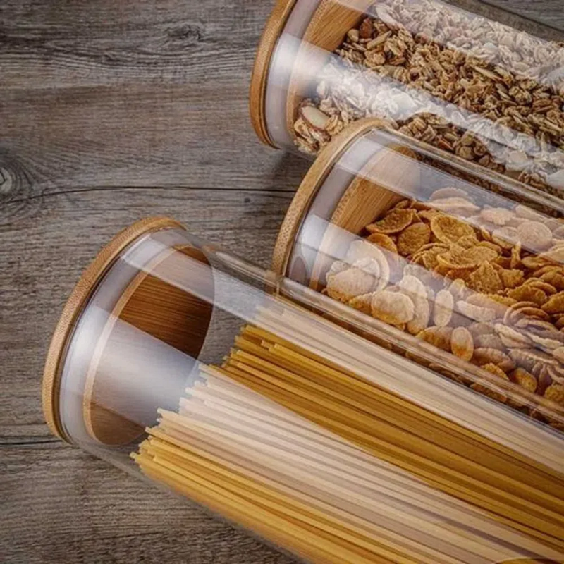 Kit 9 Potes Vidro Tampa Bambu Hermético - Mantimentos Cozinha