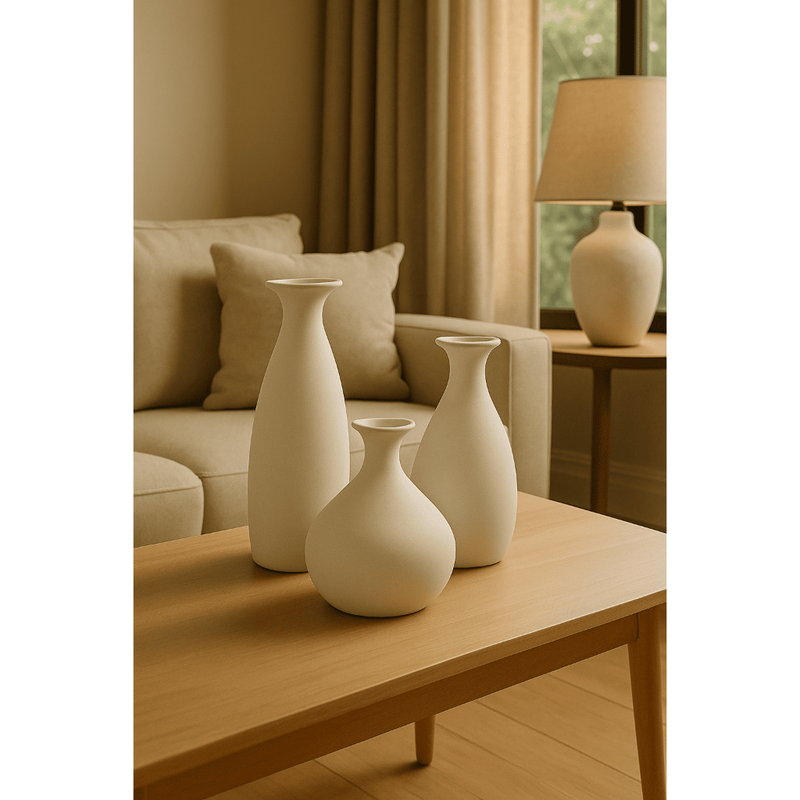 Kit Vaso Decorativo Porto Off White Fosco Cerâmica Alta Qualidade 3 Peças