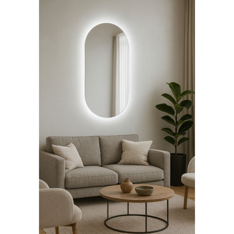 Espelho Oval Iluminado LED 80x50cm Lapidado Sem Borda