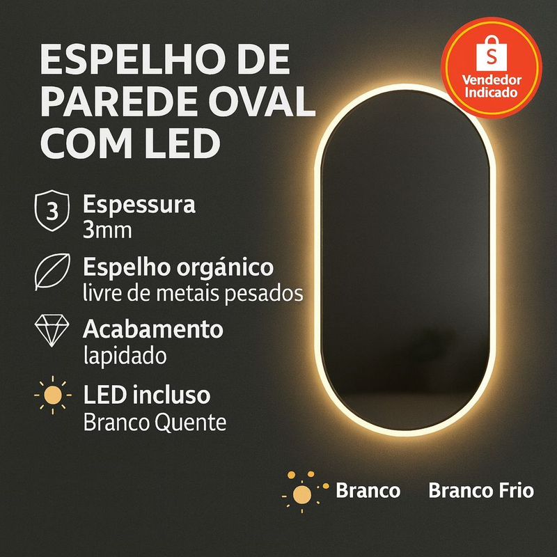 Espelho Oval Iluminado LED 80x50cm Lapidado Sem Borda