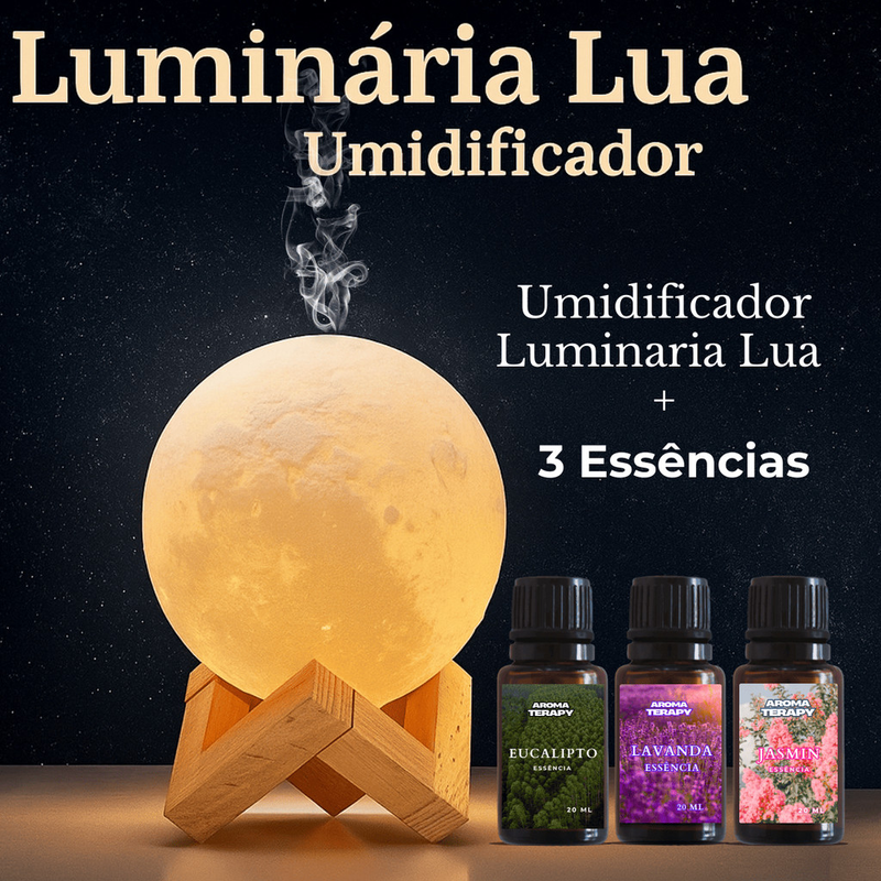 Umidificador Luminária + Essências Abajur 2em1 900ml Lua 3d Vaporizador de Ambiente Difusor De Ar