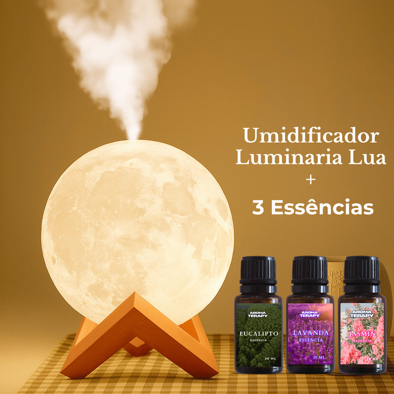 Umidificador Lua 3D 900ml + 3 Essências – Luminária LED 3 Cores 2 em 1 Difusor e Aromatizador